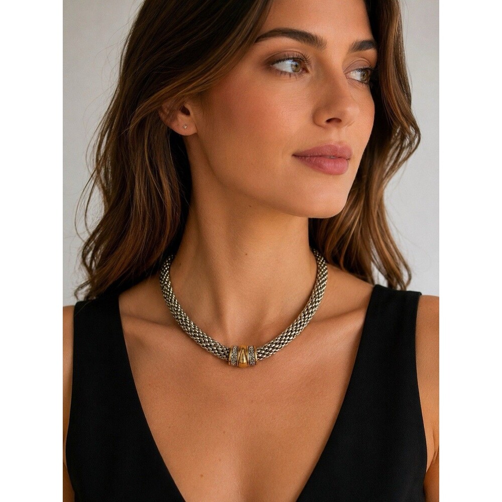 Vintage Silver Gold Woven Mixed Metal Statement Necklace Magnetic Sculptural